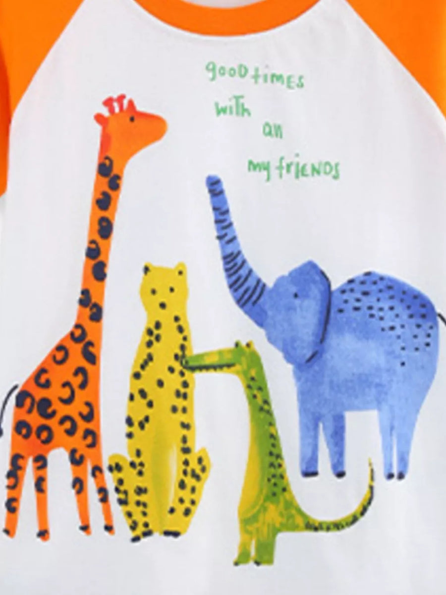 Baby graphic tee with orange raglan sleeves and animal print.