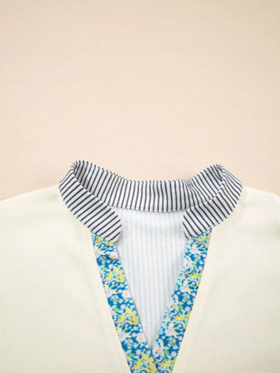 Floral Striped Drop Sleeve Collared Sweatshirt in Cream, view 13