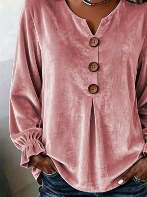Dusty Pink Velvet Button Decor Blouse With Ruffled Cuffs