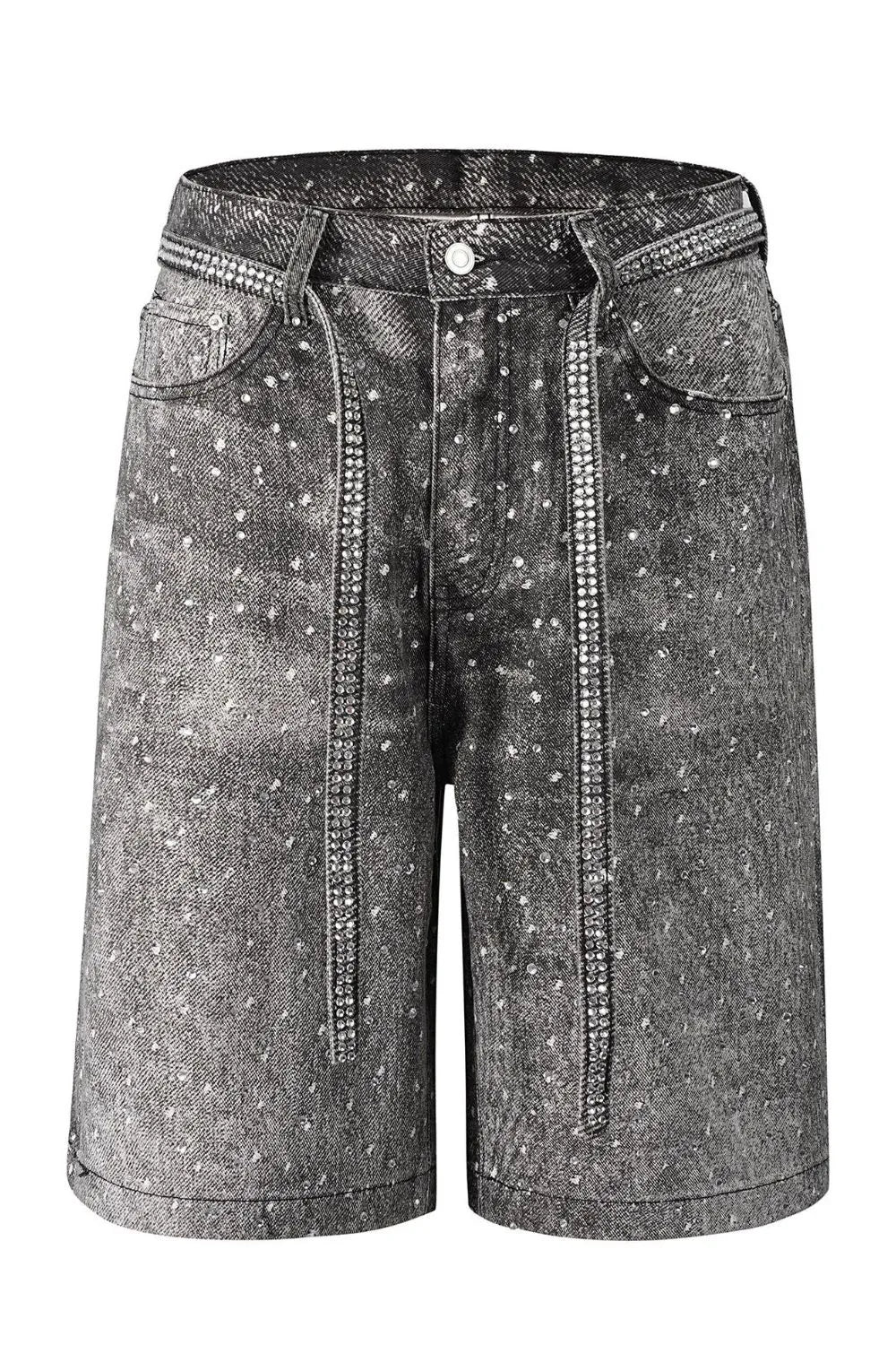 Embellished dark wash denim Bermuda shorts with rhinestone trim and scattered rhinestones.