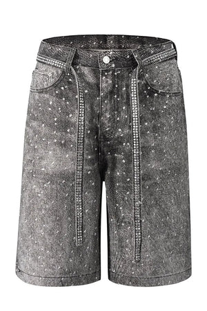 Embellished dark wash denim Bermuda shorts with rhinestone trim and scattered rhinestones.