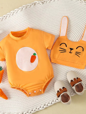 Children's Carrot Embroidered Round Neck One-piece & Hat Set in Orange