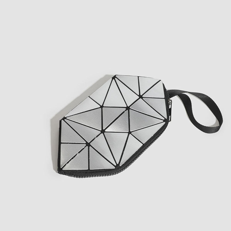 Silver clutch featuring metallic and geometric