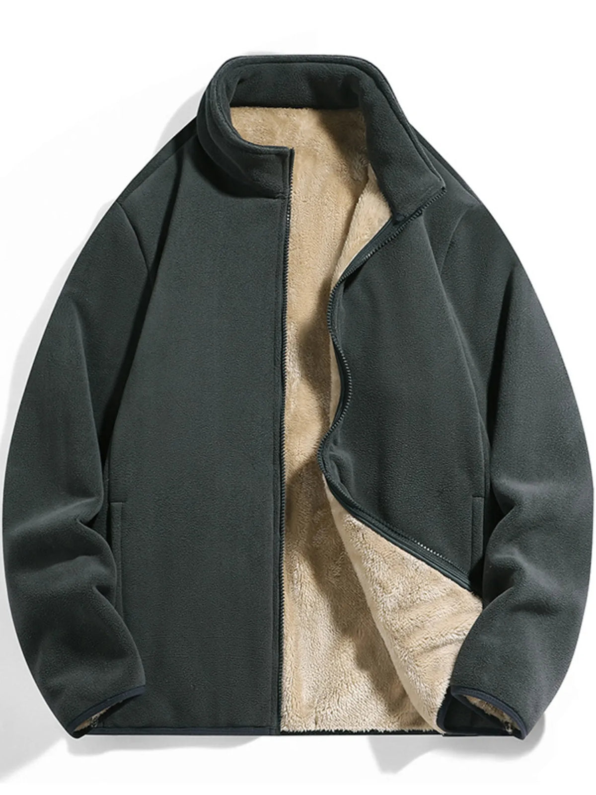 Fleece lined zip-up jacket in graphite gray with a stand-up collar and visible plush lining.