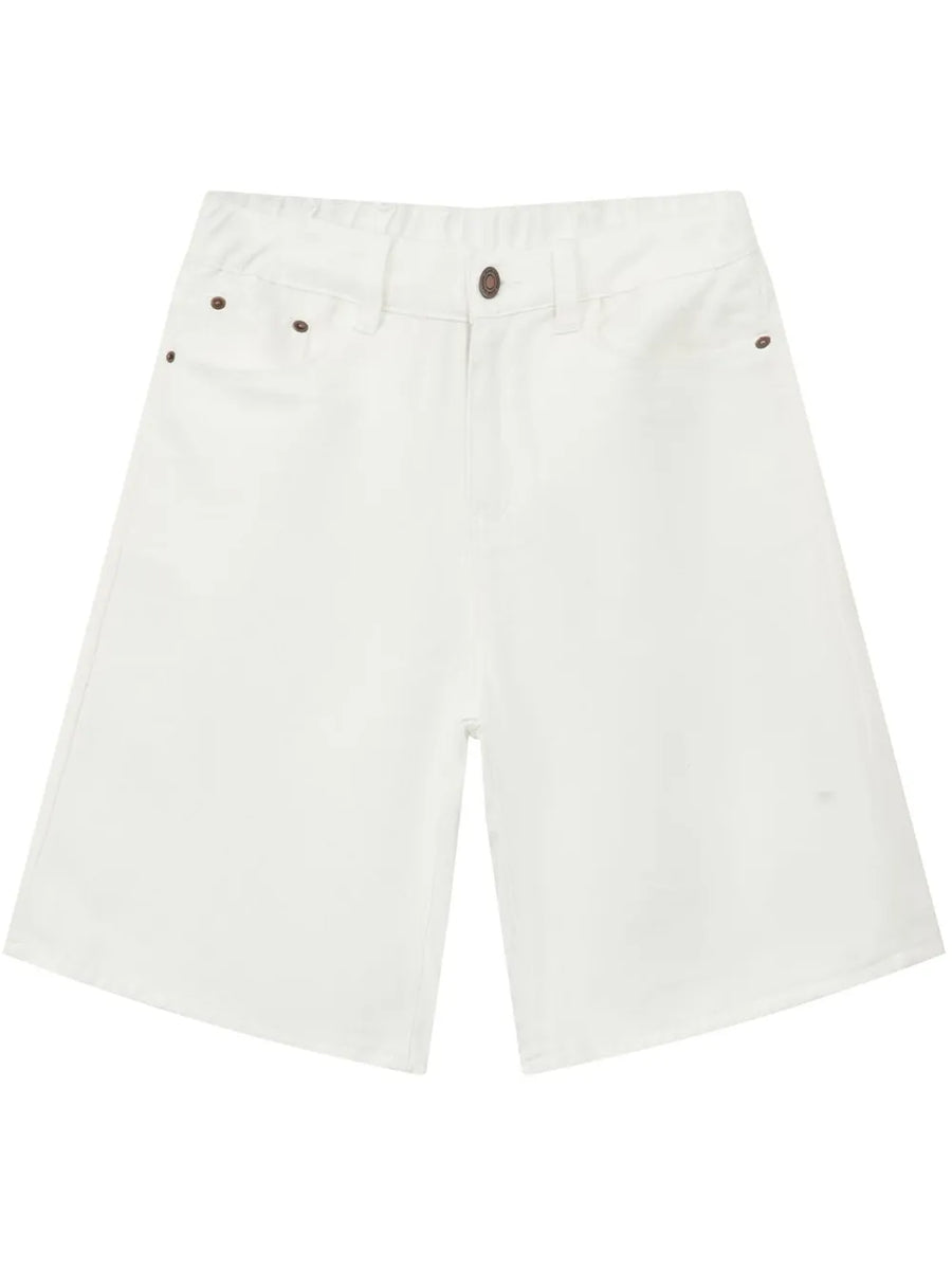 White denim bermuda shorts with a textured weave and button-fly closure.