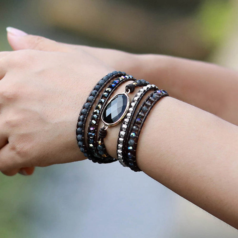 Black wrap-around bracelet with agate gemstone and beads on leather cord
