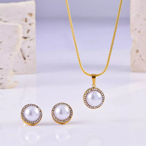 Synthetic Pearl, 18K Gold-Plated, Titanium Steel, Rhinestone Care instructions: jewelry set in white with round silhouette