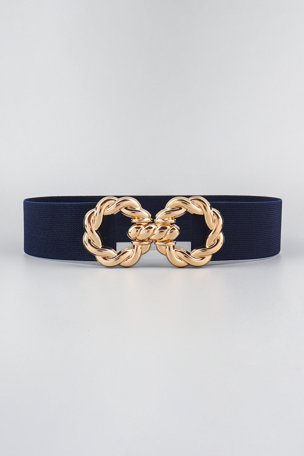 Dark blue braided knot stretch belt with gold alloy buckle