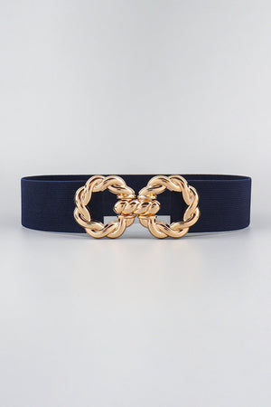 Dark blue braided knot stretch belt with gold alloy buckle