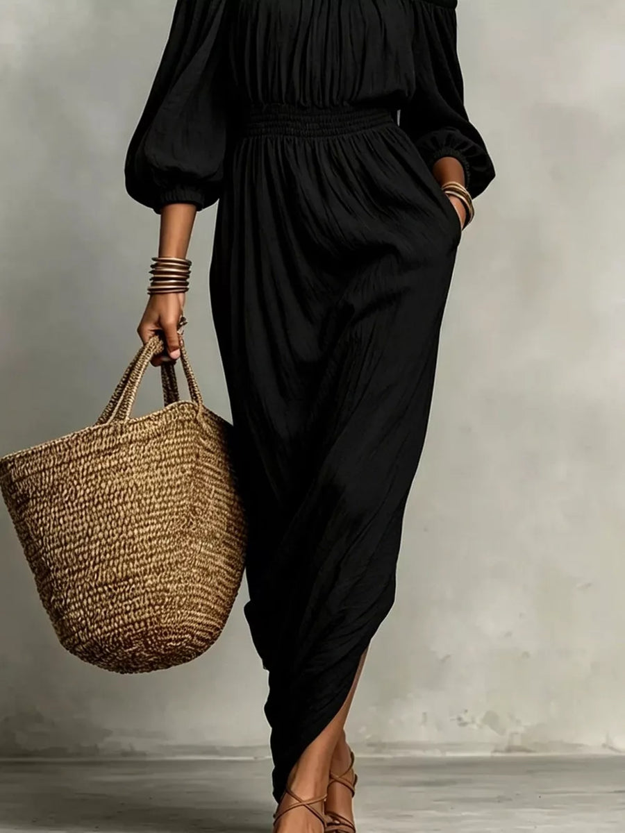 bohemian maxi dress in beige with off-shoulder