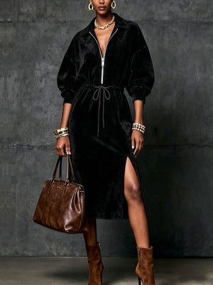 camel midi dress with midi and zip-front