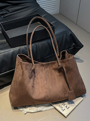 Suede Solid Color Tote Bag in Brown with shoulder straps
