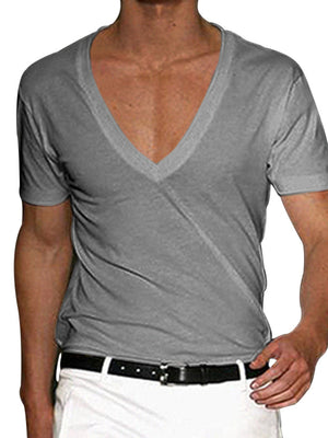 Sleek light gray cotton blend slim fit tee with a deep V-neck.