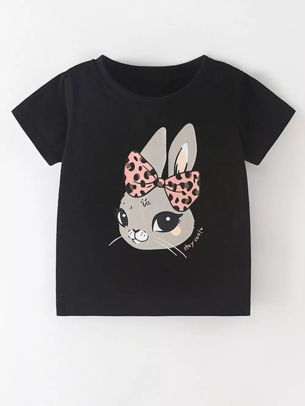 Black toddler t-shirt with a cute bunny graphic and leopard print bow.