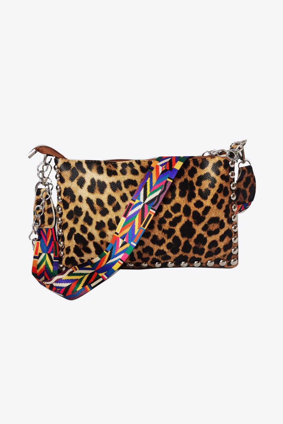 Leopard print shoulder bag with studs and a colorful geometric strap