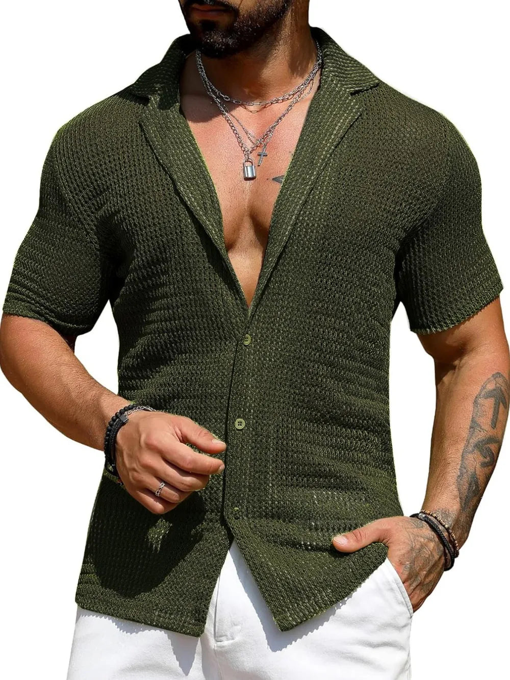 Matcha green open-knit resort shirt with camp collar and button front.