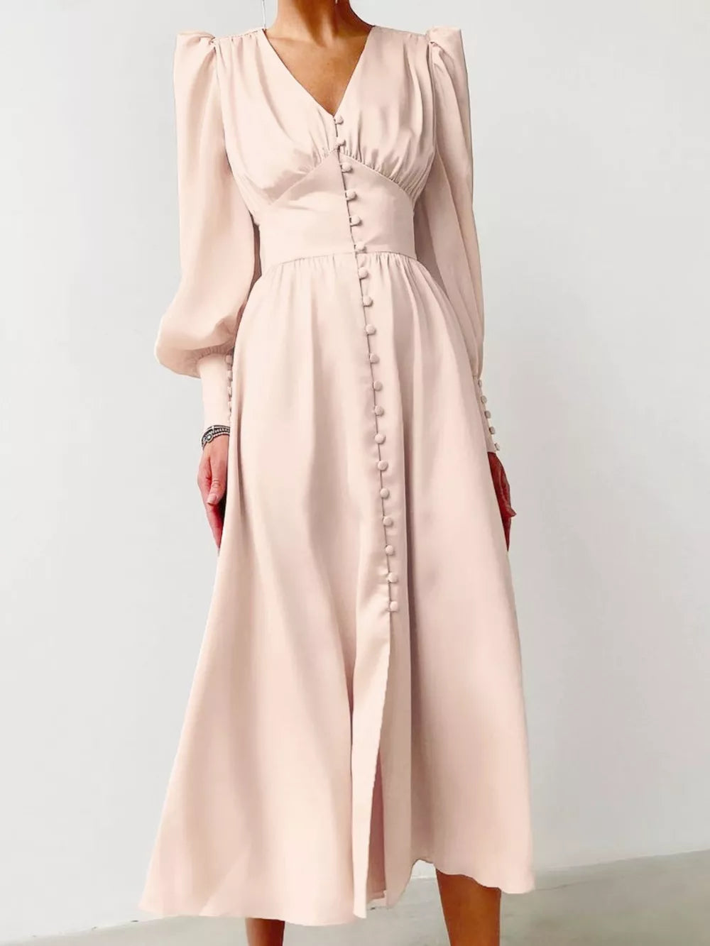 midi dress in Eggshell with buttoned and midi