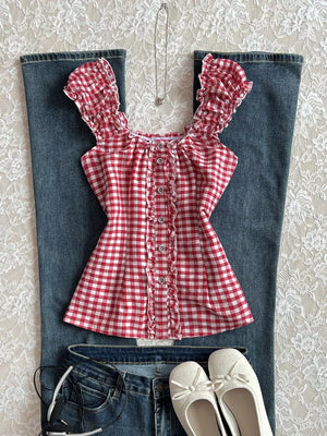 Frill Gingham Cap Sleeve Blouse option 4