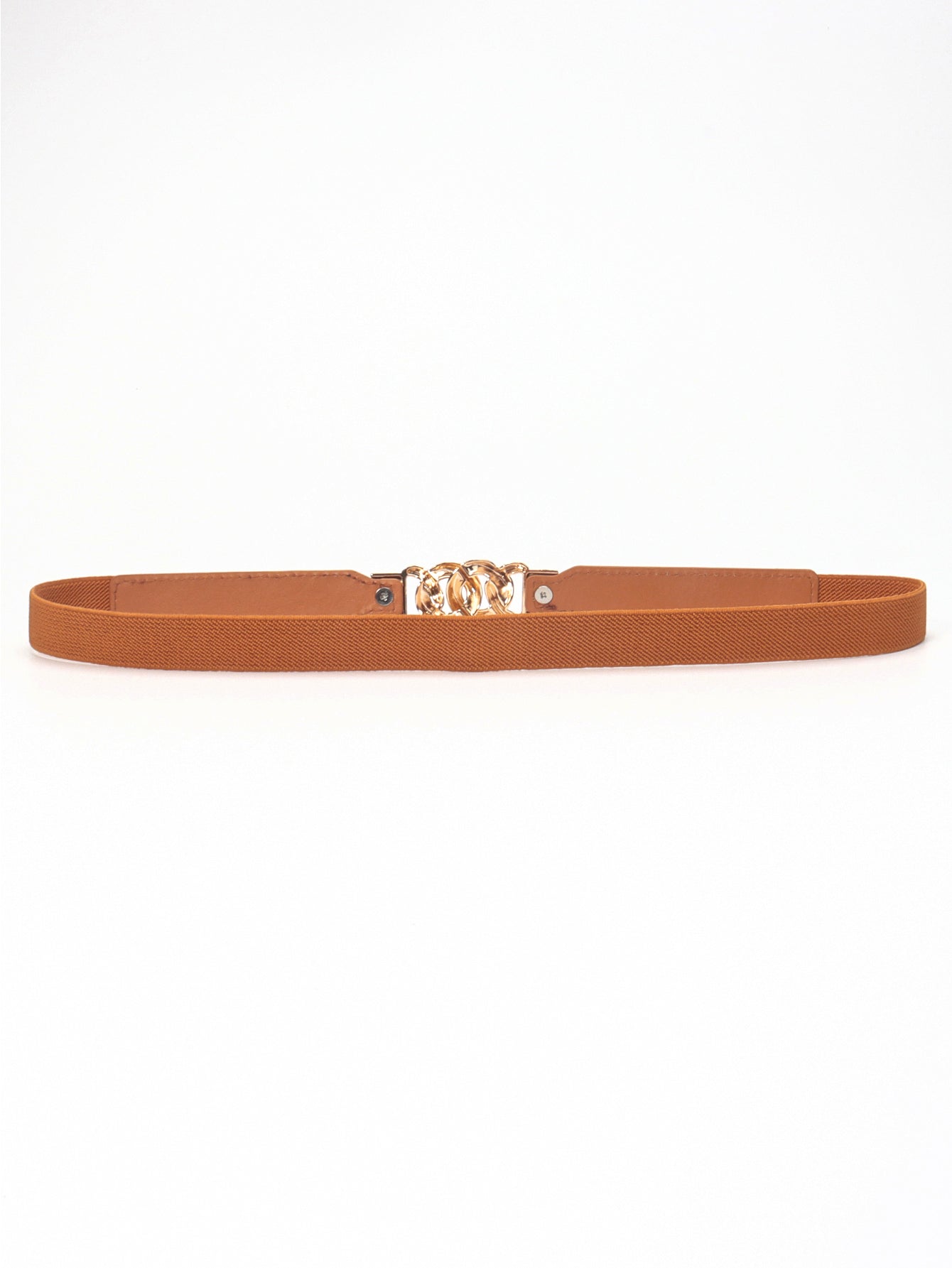 Chain detail faux leather elastic waist belt in Chocolate/Gold with gold hardware.