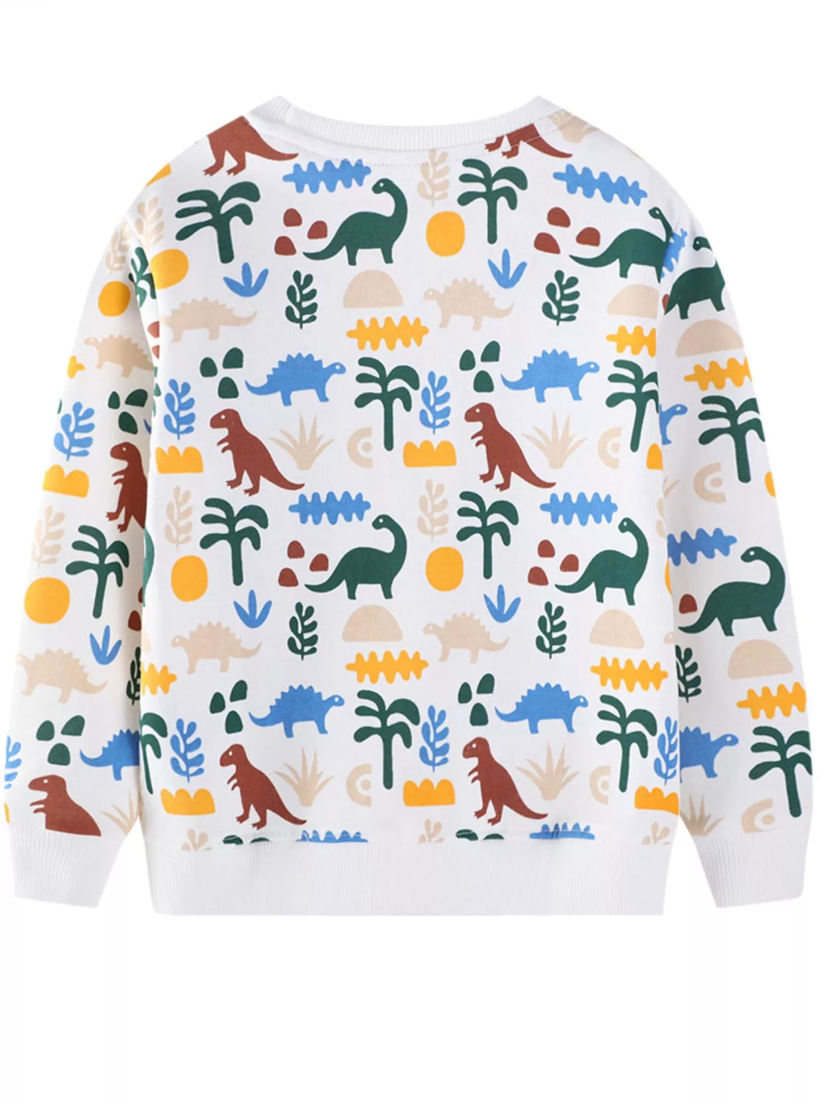 White kids sweatshirt with a colorful dinosaur and palm tree print.