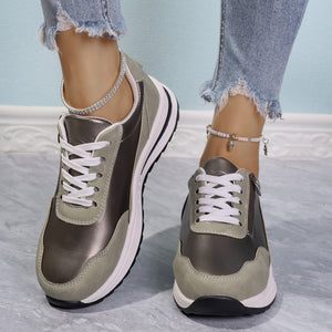 Zipper detail lace up sneakers in champagne with a chunky sole.