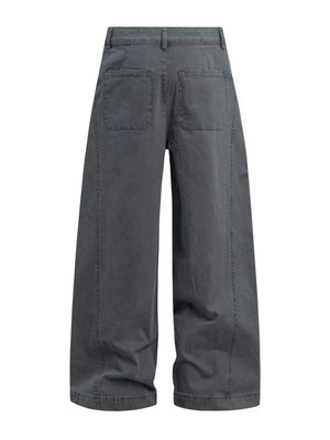 Grey cotton sweatpants with wide legs, button closure, belt loops, and two back pockets.