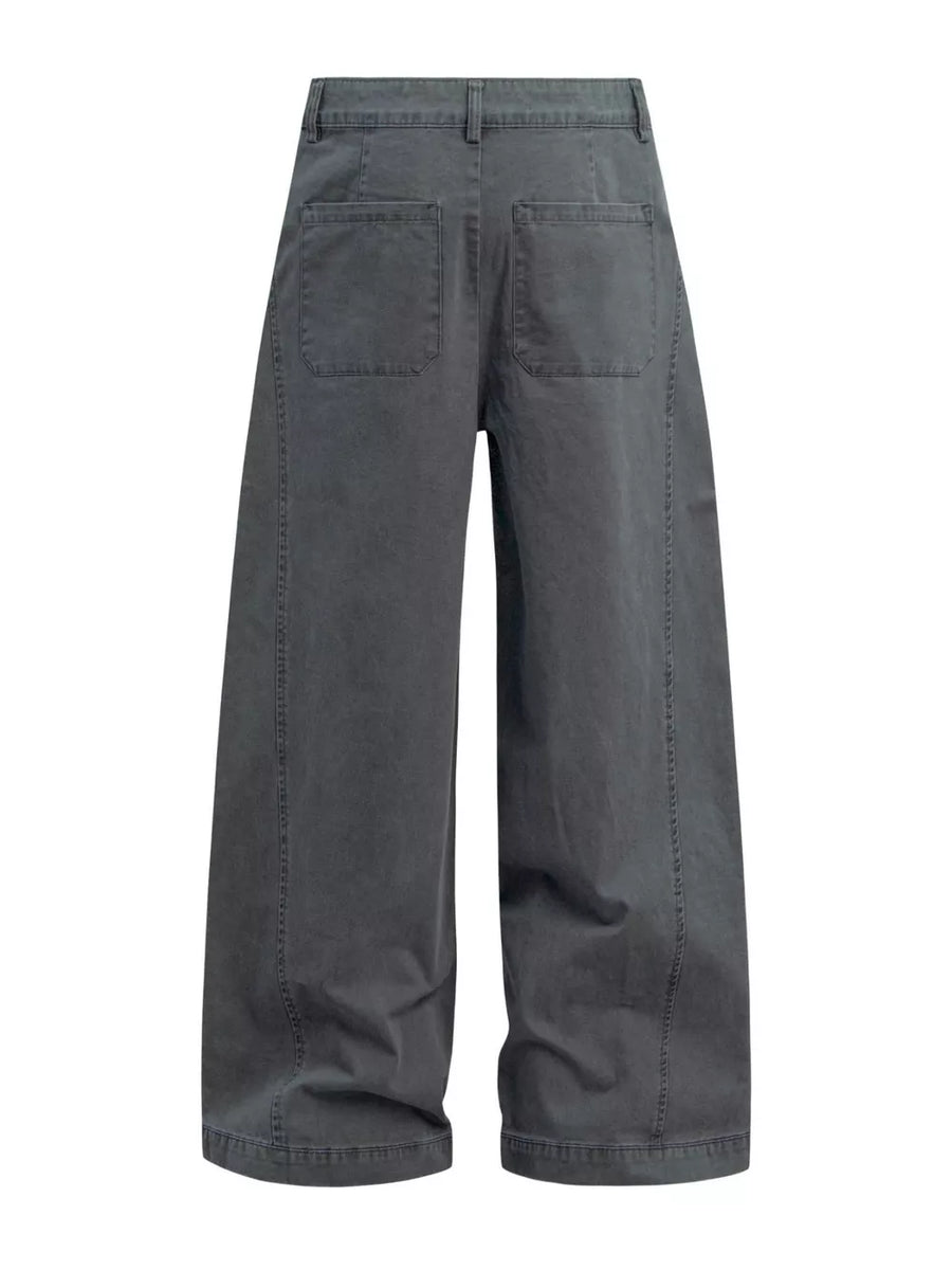 Grey cotton sweatpants with wide legs, button closure, belt loops, and two back pockets.