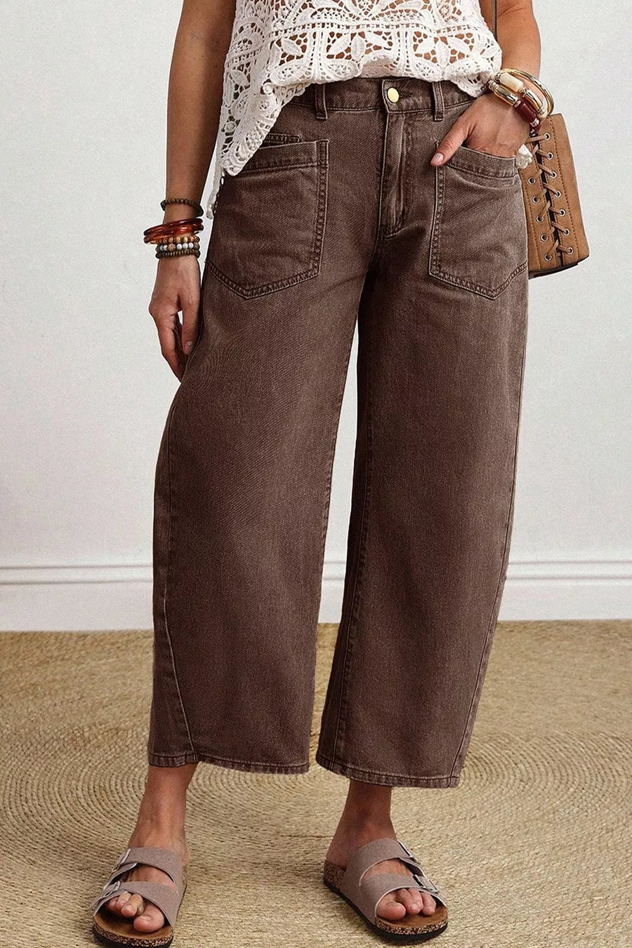 Solid Color Square Patch Pocket Barrel Jeans option 9