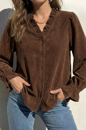 Solid Color Ruffle Trim V Neck Corduroy Jacket