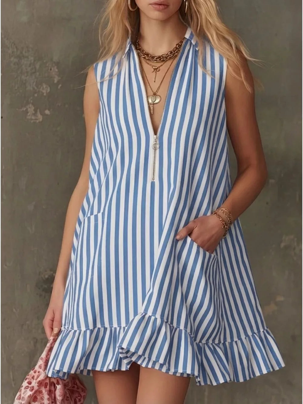 Blue and white striped mini dress with ruffle hem, zipper neckline, and pockets.