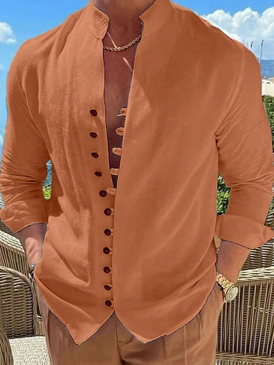 Mandarin collar linen shirt in Tangerine with button placket and rolled sleeves.