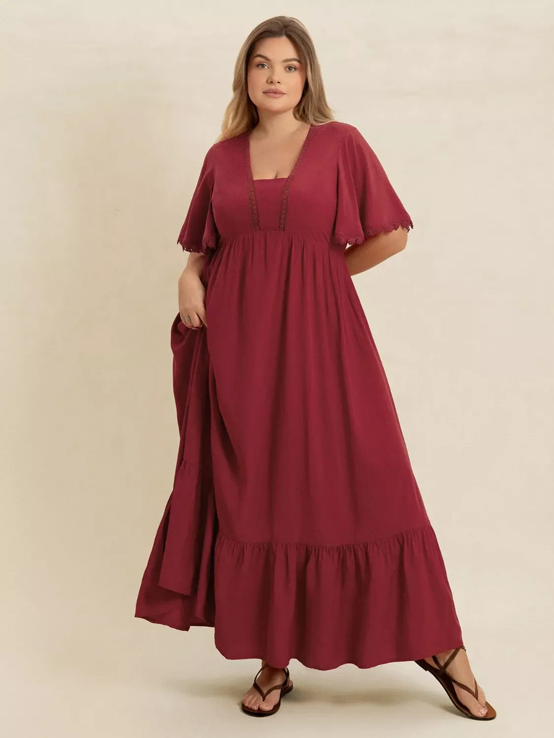 Burgundy lace detail flutter sleeve maxi dress with tiered hem