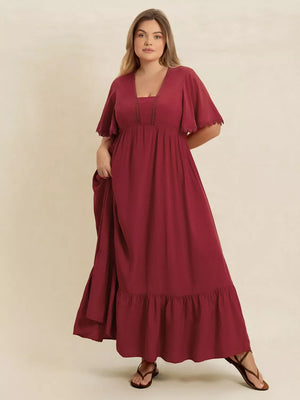Burgundy lace detail flutter sleeve maxi dress with tiered hem