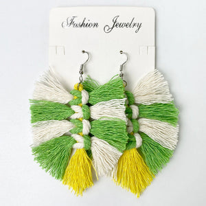 Macramé leaf fringe earrings in white, green, and yellow with tassel detail