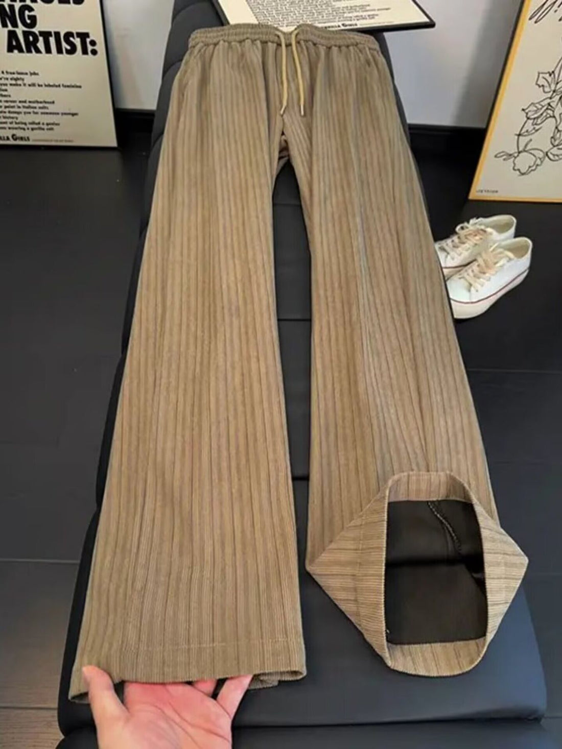 95%polyester,5%spandex Care instructions: Machine wash cold wide-leg pants in Khaki with flared silhouette