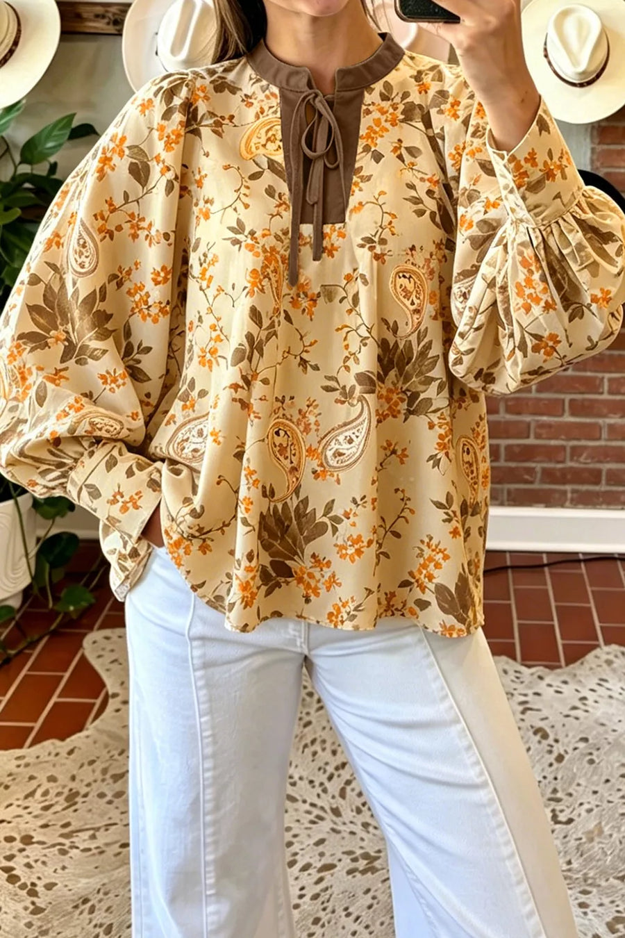 Tan with Paisley Print Tie Neck Long Sleeve Top
