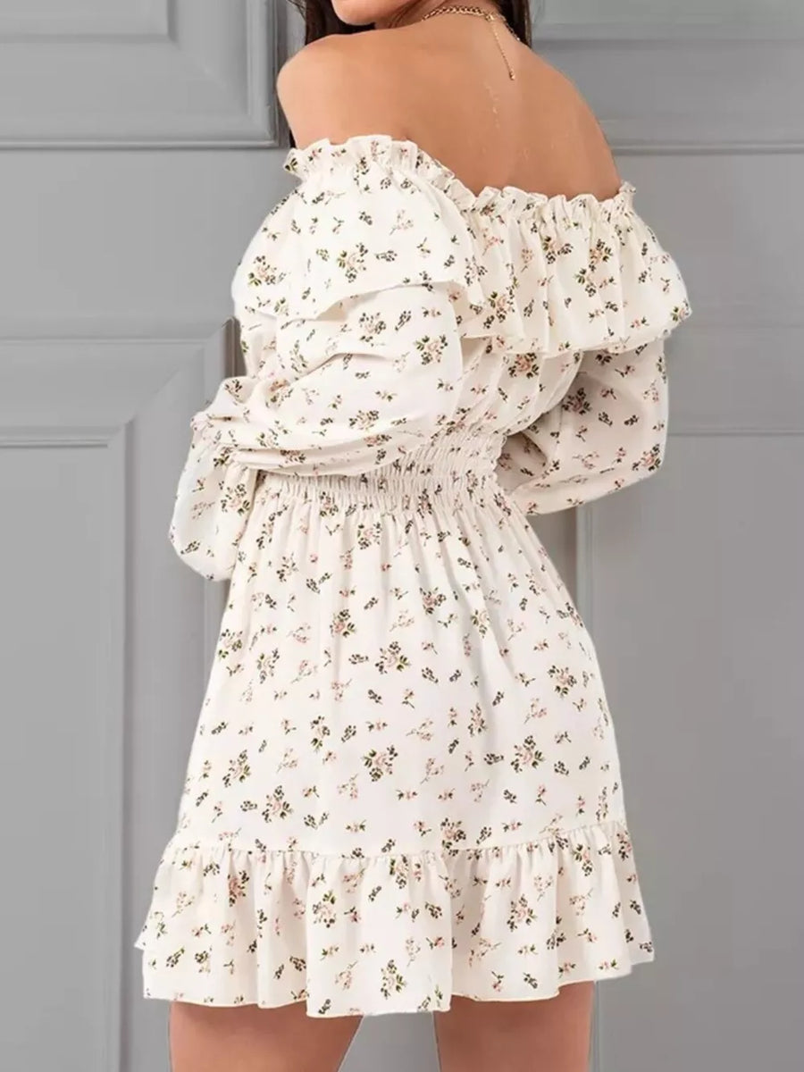 Off-shoulder Floral Ruffle Dress in White