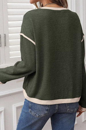 97% polyester, 3% elastane Care instructions: Machine wash cold pullover sweater in Army Green with relaxed silhouette
