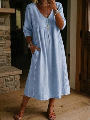 Full Size V-neck 3/4 Sleeve Midi Dress Plus Size in Army Green