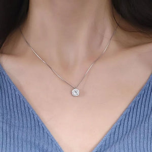 Silver zircon pendant necklace on a box chain, sterling silver.