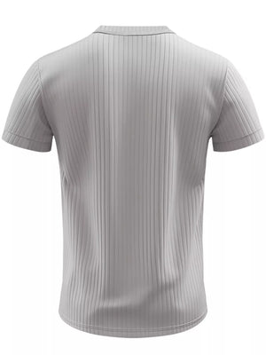 Gray ribbed cotton short sleeve tee with button-down collar detail