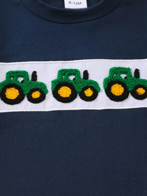 Navy baby set with applique tractors on white stripe detail