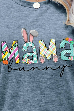Misty Blue Mama Bunny graphic t-shirt with Easter bunny and egg details.