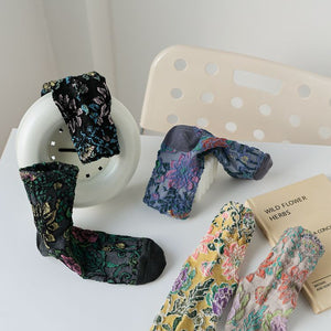 socks in Yellow with floral and jacquard knit