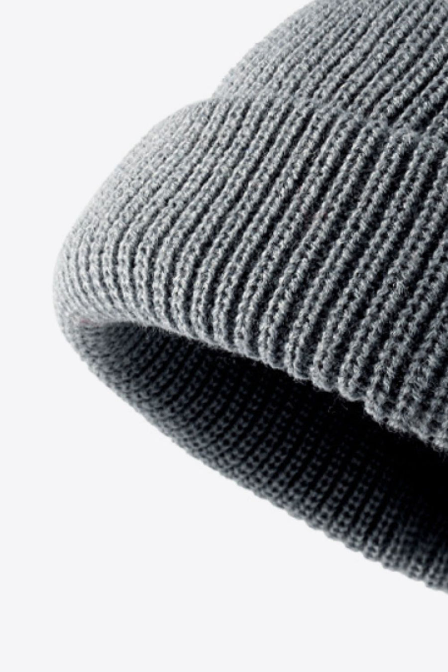 Gray ribbed knit beanie with folded edge detail