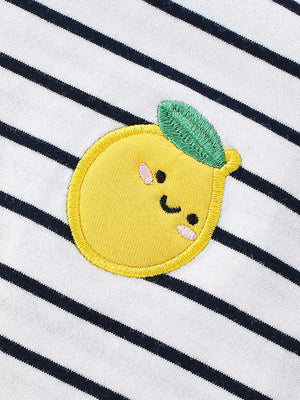 Baby t-shirt with navy stripes and a cheerful embroidered lemon applique.