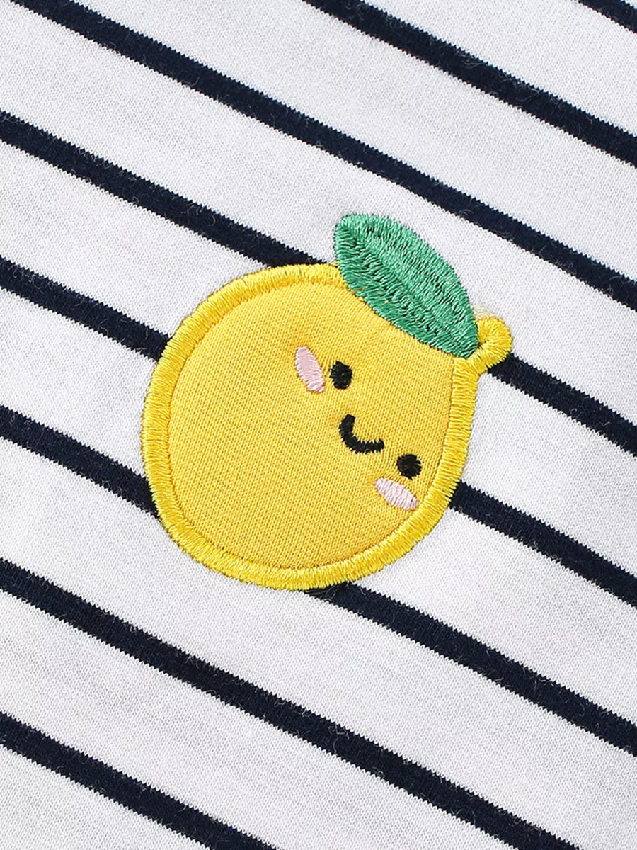 Baby t-shirt with navy stripes and a cheerful embroidered lemon applique.