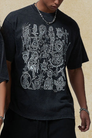 Black vintage wash t-shirt with a detailed religious icon graphic print.