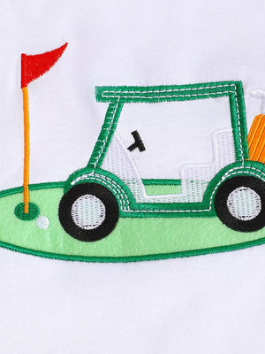 White baby set with green golf cart and flag embroidery