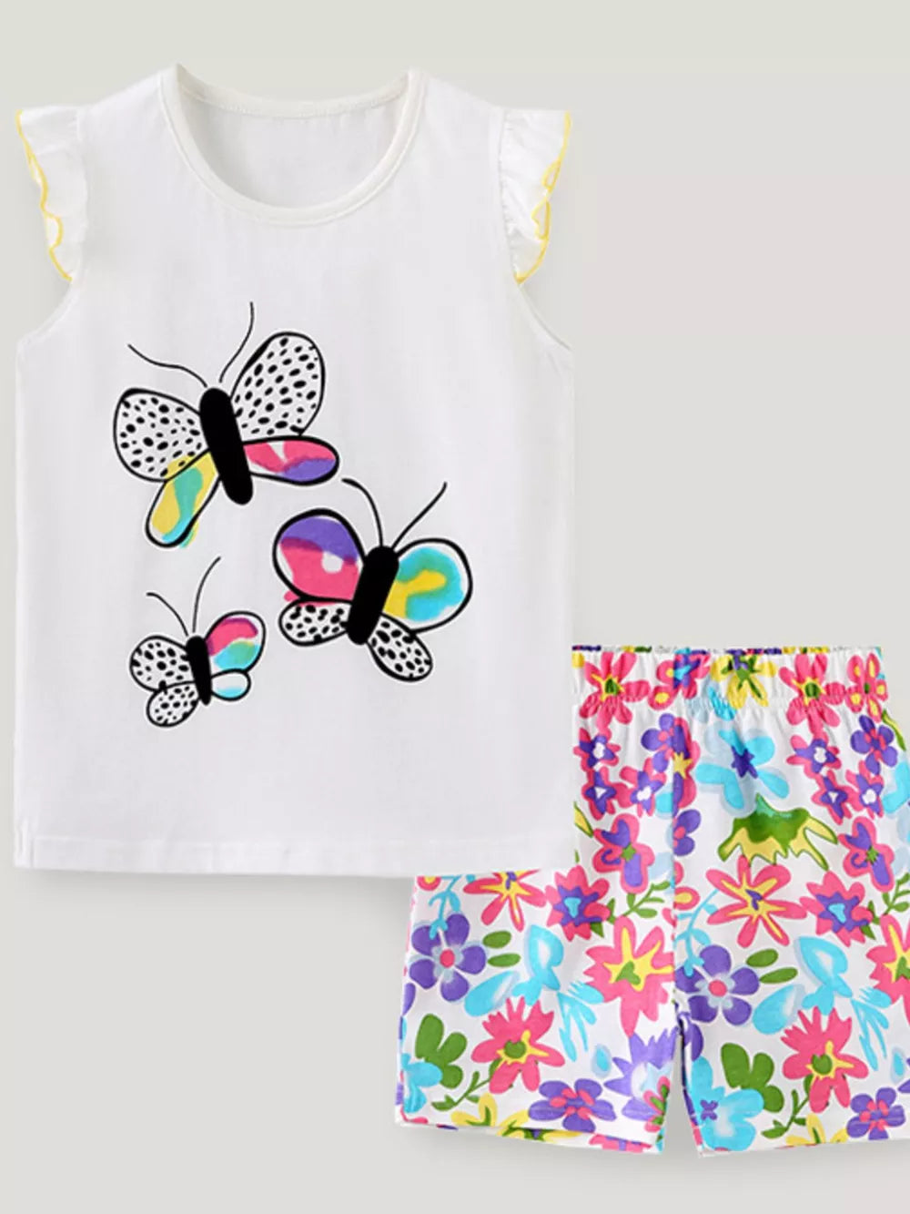 White cotton toddler set with butterfly print top and floral print shorts